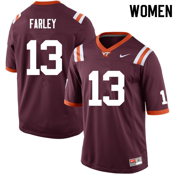 Women #13 Caleb Farley Virginia Tech Hokies College Football Jerseys Sale-Maroon